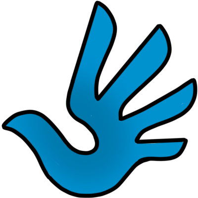 the international symbol for human rights, which is a bue glyph that looks like both a free bird and a hand, outlined in black.